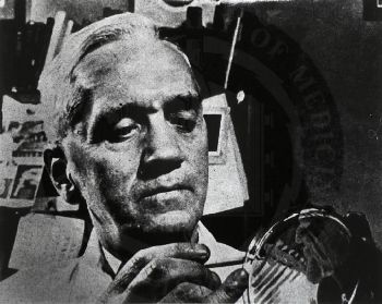 Alexander Fleming holding a Petri dish in 1944