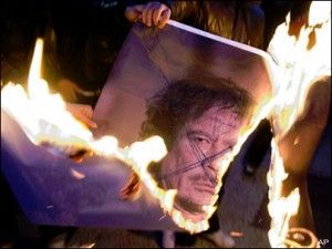 Image of Col. Gaddafi burning.